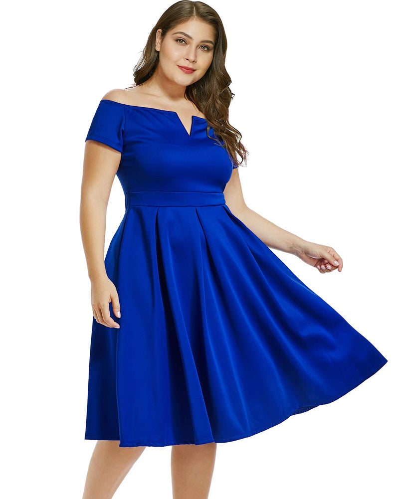 LALAGEN Women's Plus Size Vintage 1950s Party Cocktail Wedding Swing Midi Dress Blue XXXL - Image 3